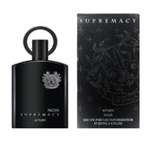 Afnan Supremacy Noir 3.4 oz Eau de Parfum black bottle with matching black box packaging